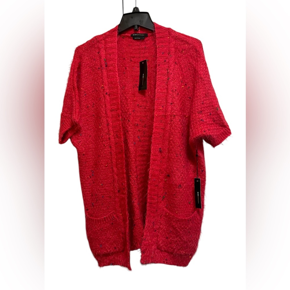 BCBGMAXAZRIA CARDIGAN CHUNKY CONFETTI KNIT SWEATER OPEN FRONT RED COLOR SIZE L - Picture 3 of 16
